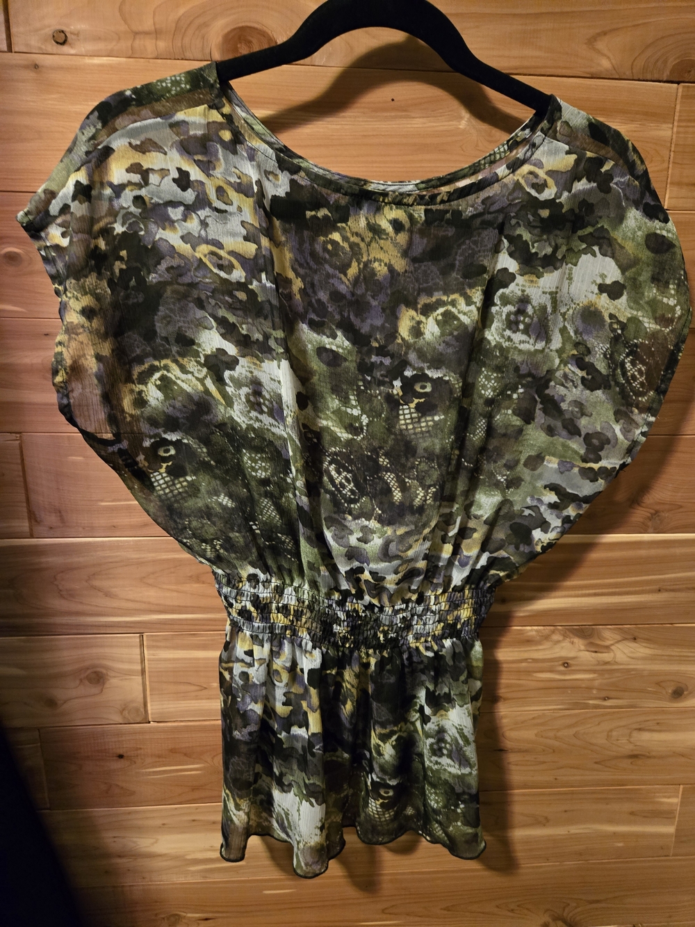 Iz Byer Olive & Black Printed Chiffon Blouse